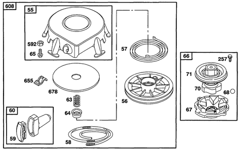 Rewind Starter Group Diagram and Parts List for 19A402-0699-XX  Briggs and Stratton Engine
